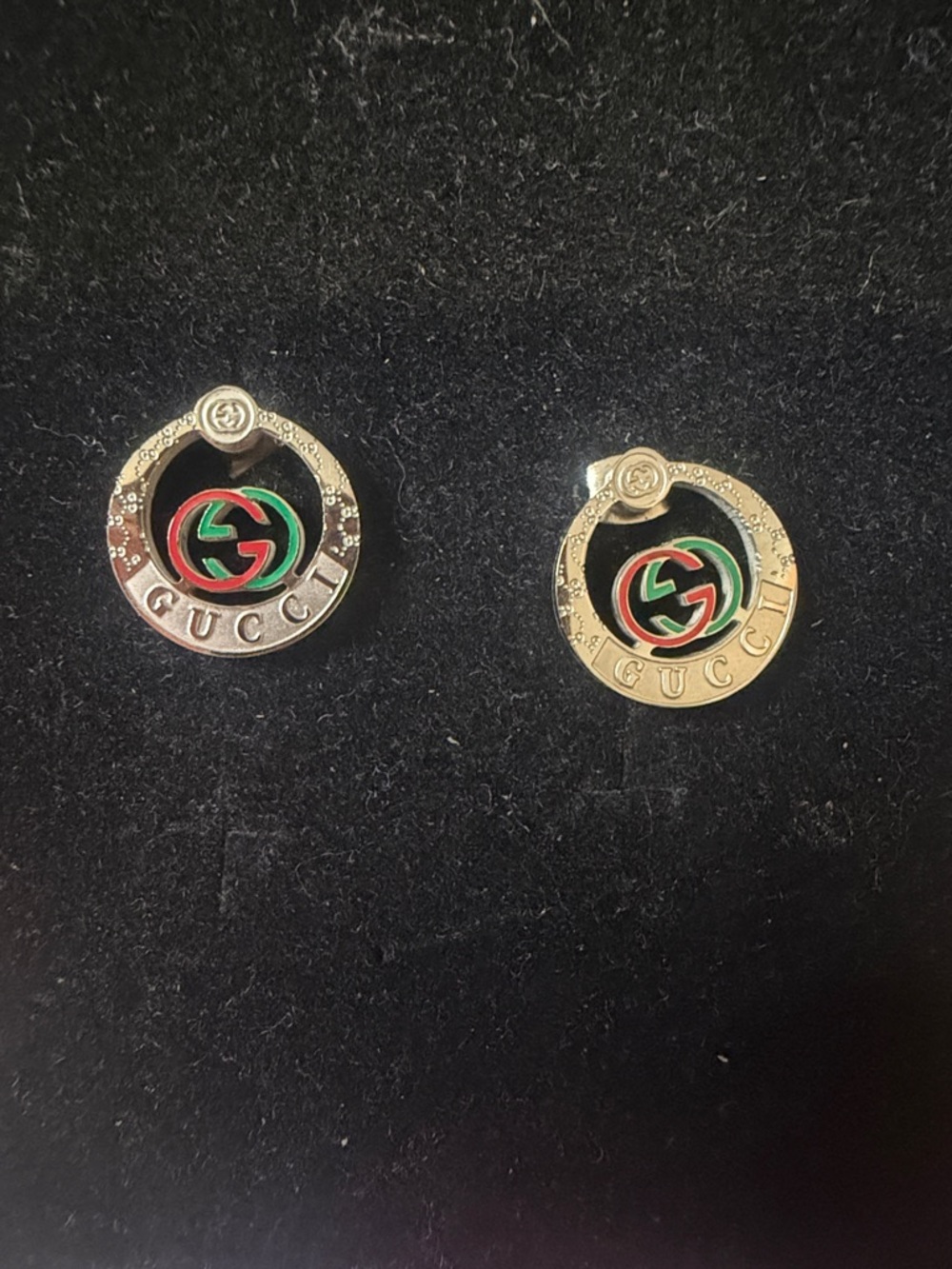 Stainless steel silver Tone Hoop Logo Earrings with Red & Green Enamel